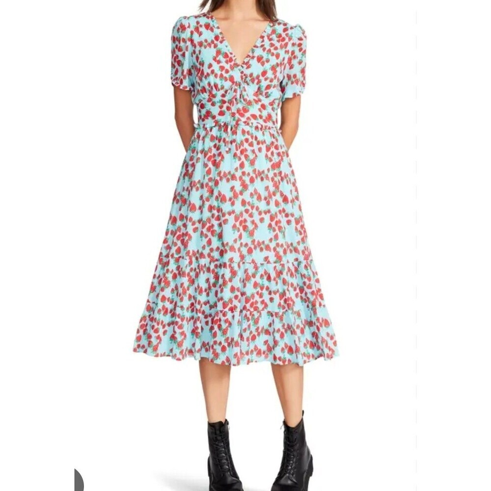 Betsey Johnson Strawberry Print Midi Dress Puff Sleeve size L